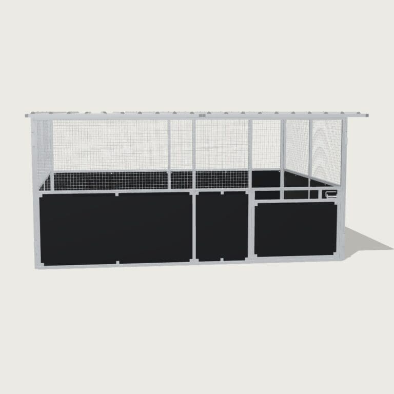 Guerilla Steel Stables large base stable, 5 × 4 m inside, galvanised 50×50 SHS panels with black ply lower, welded mesh upper, 1500 × 1200 mm swing gate with slam latch, white Trimdek roof with 900 mm front overhang.