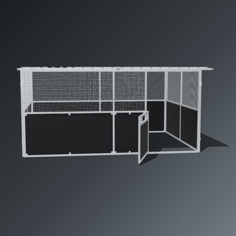Guerilla Steel Stables large base stable, 5 × 4 m inside, galvanised 50×50 SHS panels with black ply lower, welded mesh upper, 1500 × 1200 mm swing gate with slam latch, white Trimdek roof with 900 mm front overhang.