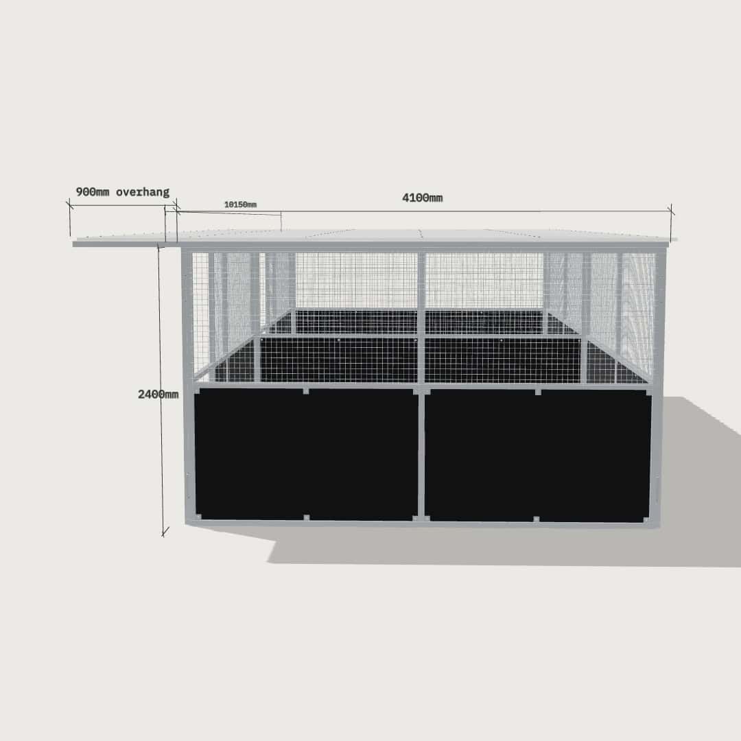 Guerilla Steel Stables large 2-stall row of stables, each 5 × 4 m inside, galvanised 50×50 SHS panels with black ply lower, welded mesh upper, 1500 × 1200 mm swing gate with slam latch, white Trimdek roof with 900 mm front overhang.