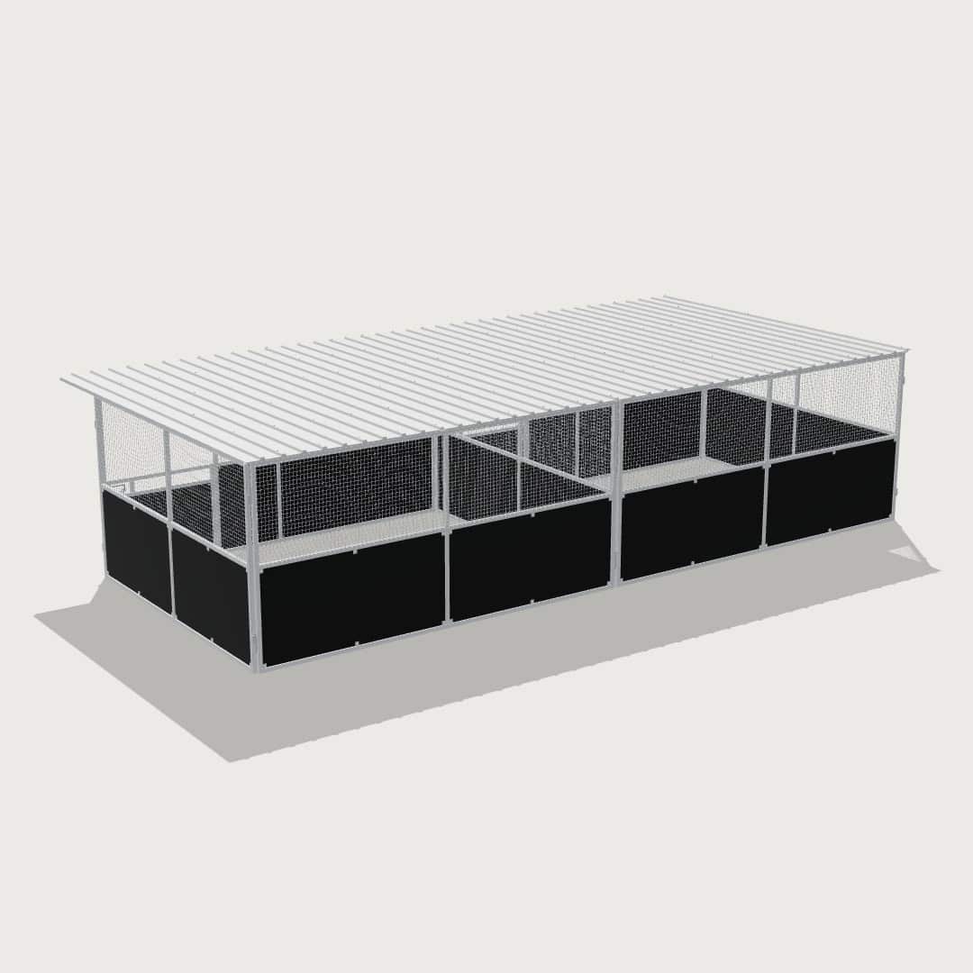 Guerilla Steel Stables large 2-stall row of stables, each 5 × 4 m inside, galvanised 50×50 SHS panels with black ply lower, welded mesh upper, 1500 × 1200 mm swing gate with slam latch, white Trimdek roof with 900 mm front overhang.