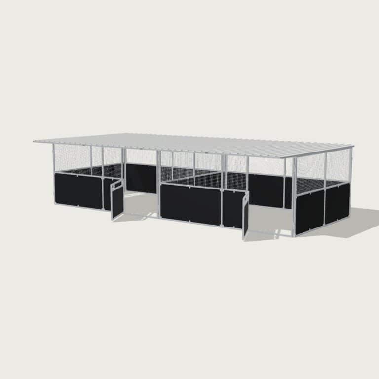 Guerilla Steel Stables large 2-stall row of stables, each 5 × 4 m inside, galvanised 50×50 SHS panels with black ply lower, welded mesh upper, 1500 × 1200 mm swing gate with slam latch, white Trimdek roof with 900 mm front overhang.