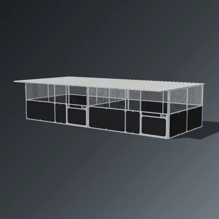 Guerilla Steel Stables large 2-stall row of stables, each 5 × 4 m inside, galvanised 50×50 SHS panels with black ply lower, welded mesh upper, 1500 × 1200 mm swing gate with slam latch, white Trimdek roof with 900 mm front overhang.