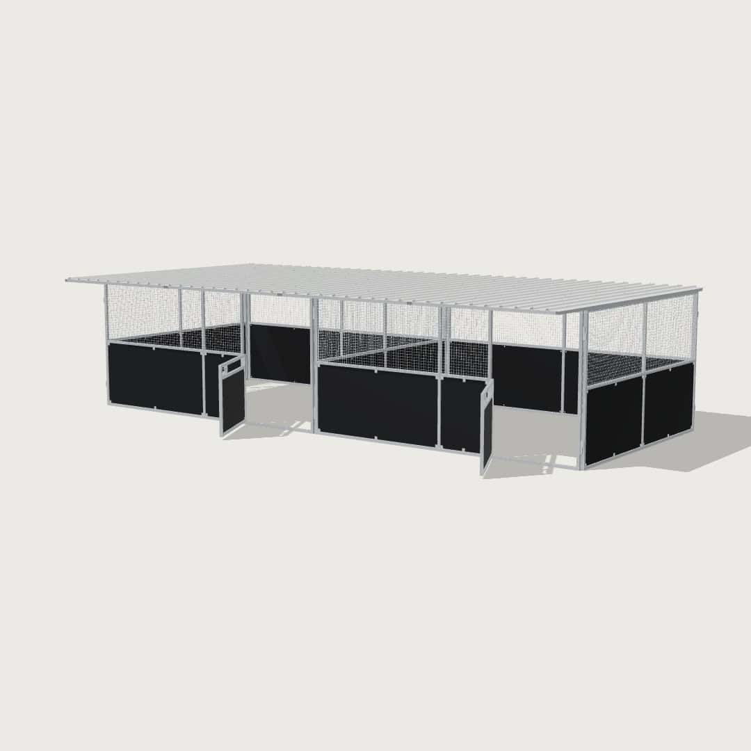 Guerilla Steel Stables large 2-stall row of stables, each 5 × 4 m inside, galvanised 50×50 SHS panels with black ply lower, welded mesh upper, 1500 × 1200 mm swing gate with slam latch, white Trimdek roof with 900 mm front overhang.