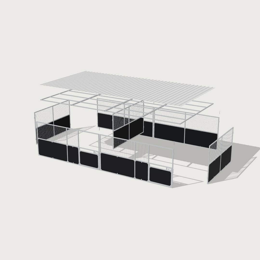 Guerilla Steel Stables large 2-stall row of stables, each 5 × 4 m inside, galvanised 50×50 SHS panels with black ply lower, welded mesh upper, 1500 × 1200 mm swing gate with slam latch, white Trimdek roof with 900 mm front overhang.