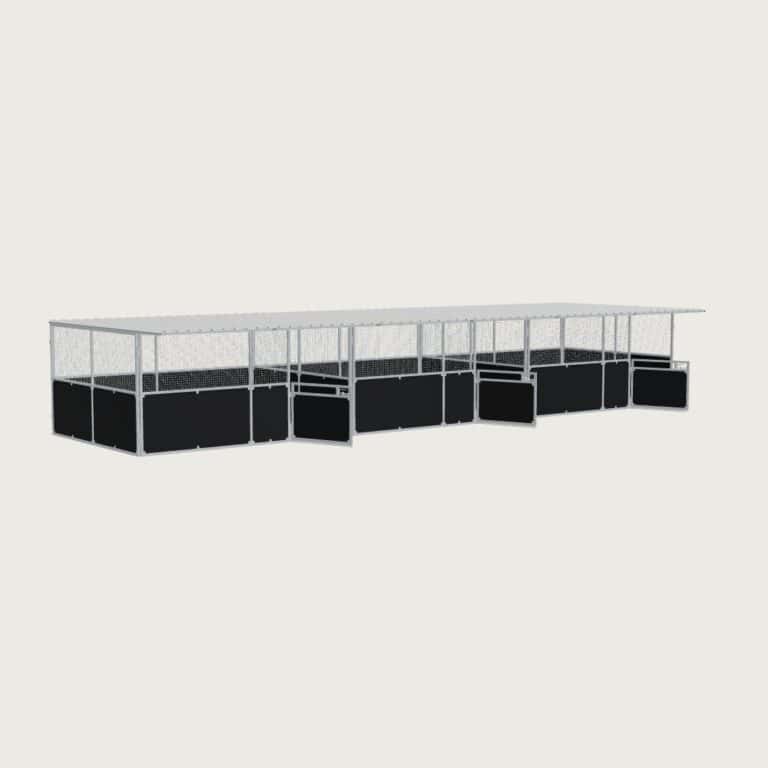 Guerilla Steel Stables large 3-stall row of stables, each 5 × 4 m inside, galvanised 50×50 SHS panels with black ply lower, welded mesh upper, 1500 × 1200 mm swing gate with slam latch, white Trimdek roof with 900 mm front overhang.