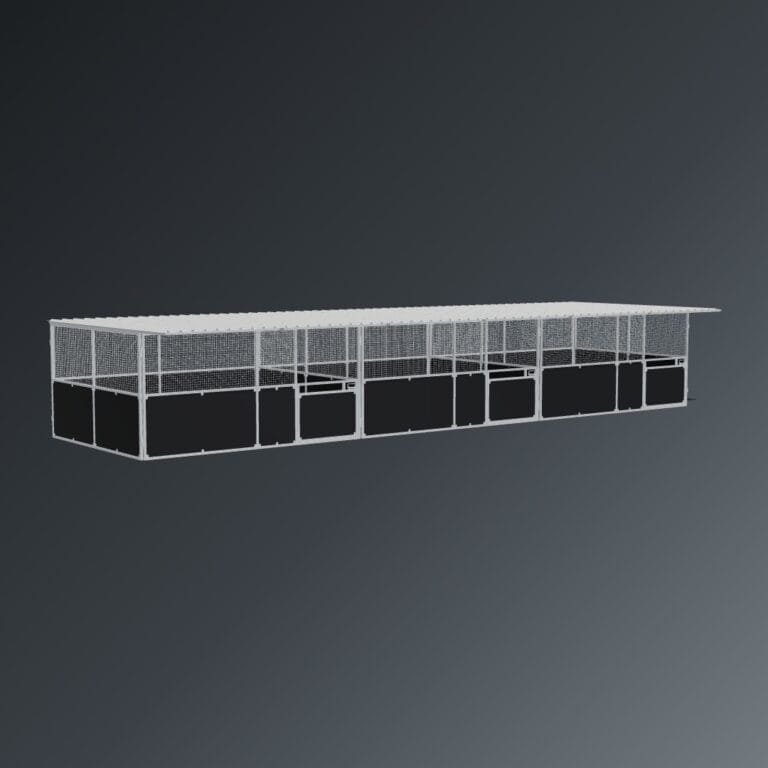 Guerilla Steel Stables large 3-stall row of stables, each 5 × 4 m inside, galvanised 50×50 SHS panels with black ply lower, welded mesh upper, 1500 × 1200 mm swing gate with slam latch, white Trimdek roof with 900 mm front overhang.