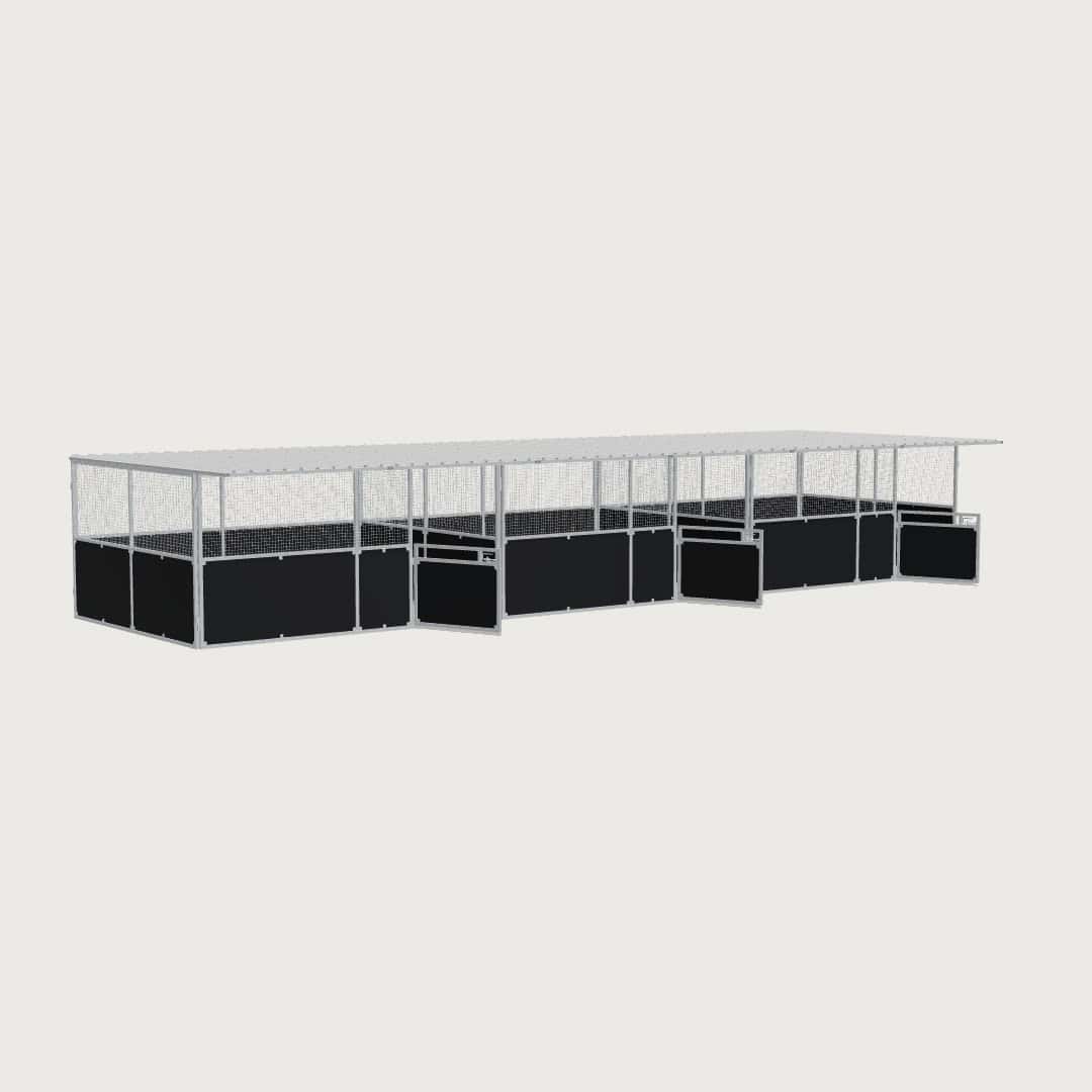 Guerilla Steel Stables large 3-stall row of stables, each 5 × 4 m inside, galvanised 50×50 SHS panels with black ply lower, welded mesh upper, 1500 × 1200 mm swing gate with slam latch, white Trimdek roof with 900 mm front overhang.