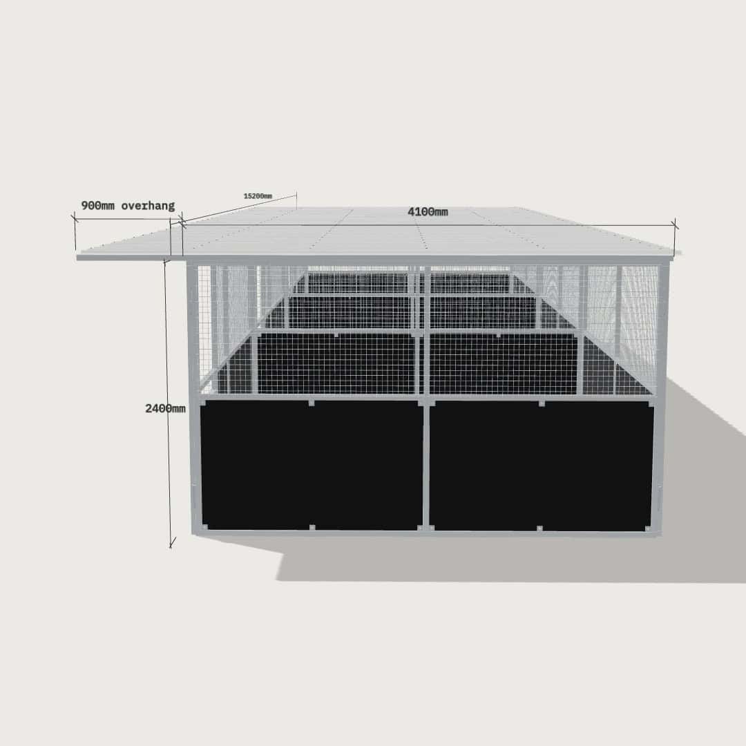 Guerilla Steel Stables large 3-stall row of stables, each 5 × 4 m inside, galvanised 50×50 SHS panels with black ply lower, welded mesh upper, 1500 × 1200 mm swing gate with slam latch, white Trimdek roof with 900 mm front overhang.