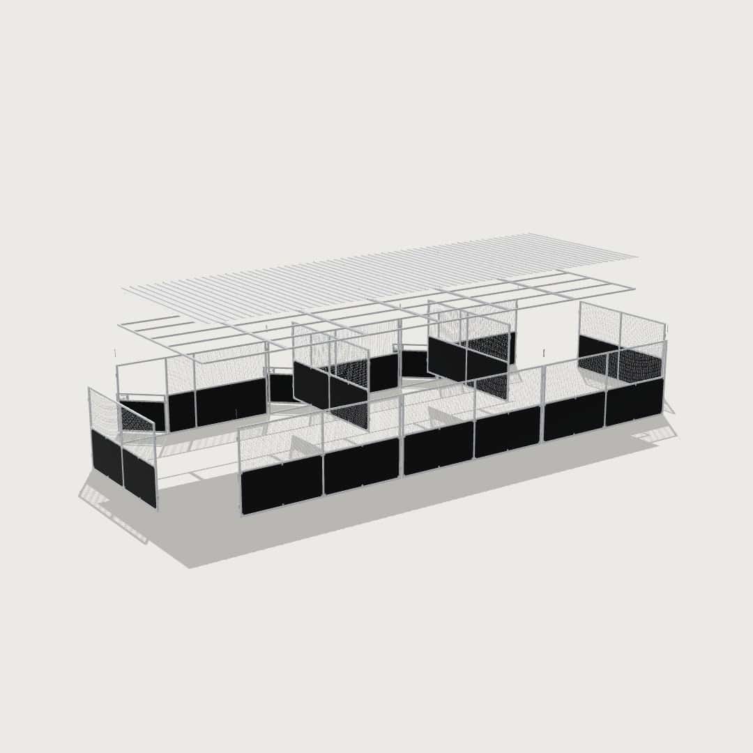 Guerilla Steel Stables large 3-stall row of stables, each 5 × 4 m inside, galvanised 50×50 SHS panels with black ply lower, welded mesh upper, 1500 × 1200 mm swing gate with slam latch, white Trimdek roof with 900 mm front overhang.