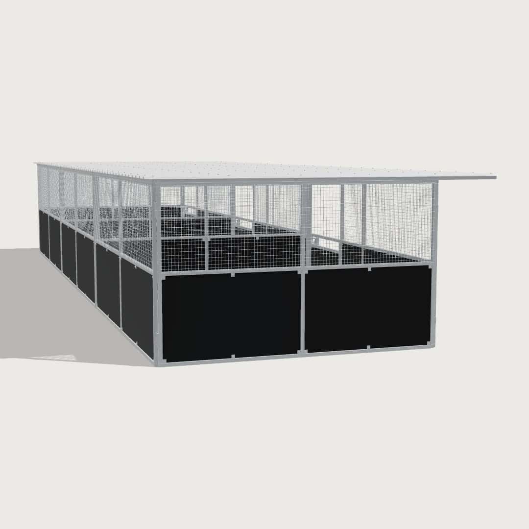 Guerilla Steel Stables large 3-stall row of stables, each 5 × 4 m inside, galvanised 50×50 SHS panels with black ply lower, welded mesh upper, 1500 × 1200 mm swing gate with slam latch, white Trimdek roof with 900 mm front overhang.