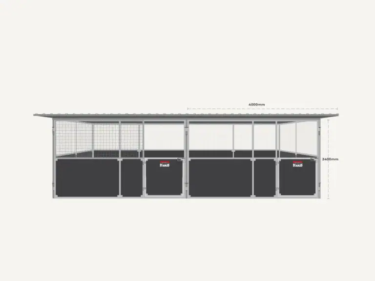 Twin stable front view with swing gates and airflow panels in a 2 bay steel stable kit