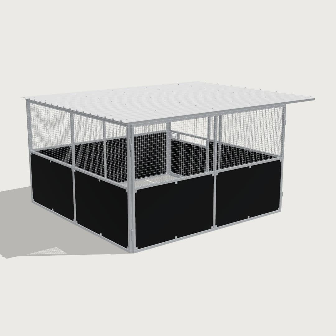 Guerilla Steel Stables standard base stable, 4 × 4 m inside, galvanised 50×50 SHS panels with black ply lower, welded mesh upper, 1500 × 1200 mm swing gate with slam latch, white Trimdek roof with 900 mm front overhang.
