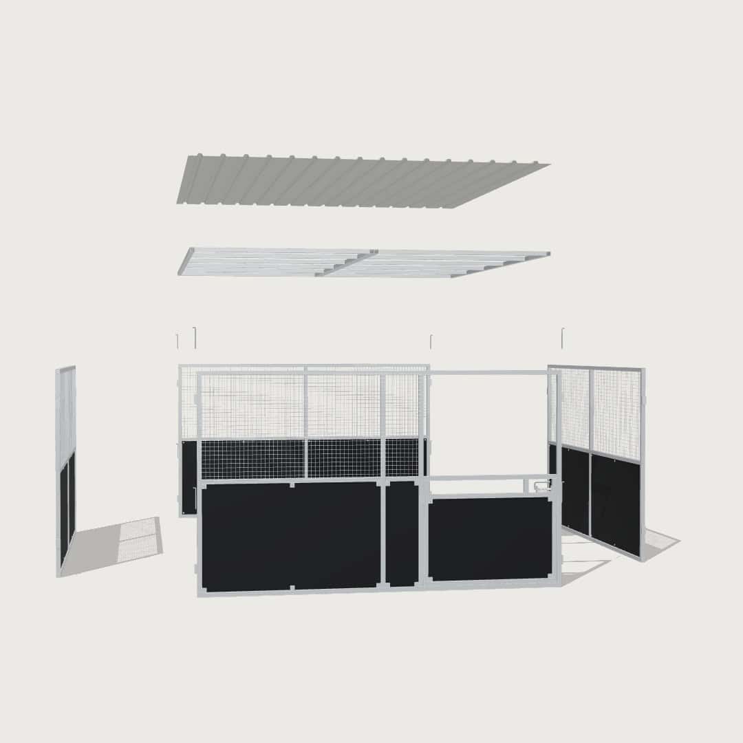 Guerilla Steel Stables standard base stable, 4 × 4 m inside, galvanised 50×50 SHS panels with black ply lower, welded mesh upper, 1500 × 1200 mm swing gate with slam latch, white Trimdek roof with 900 mm front overhang.