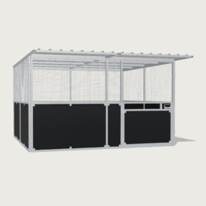 Guerilla Steel Stables standard base stable, 4 × 4 m inside, galvanised 50×50 SHS panels with black ply lower, welded mesh upper, 1500 × 1200 mm swing gate with slam latch, white Trimdek roof with 900 mm front overhang.