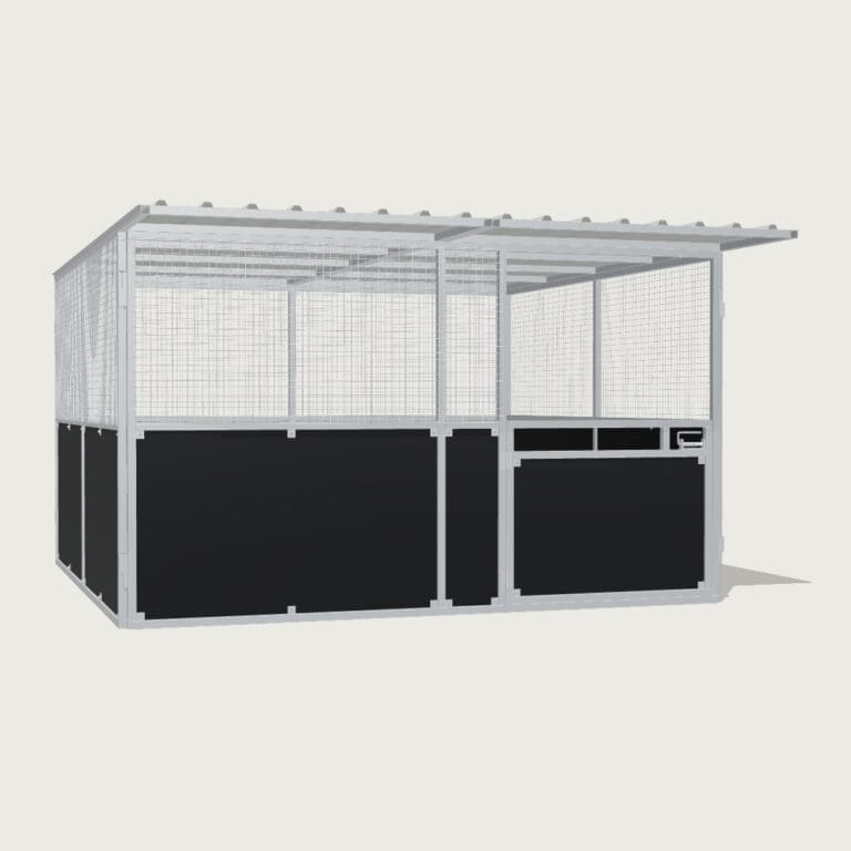 Guerilla Steel Stables standard base stable, 4 × 4 m inside, galvanised 50×50 SHS panels with black ply lower, welded mesh upper, 1500 × 1200 mm swing gate with slam latch, white Trimdek roof with 900 mm front overhang.