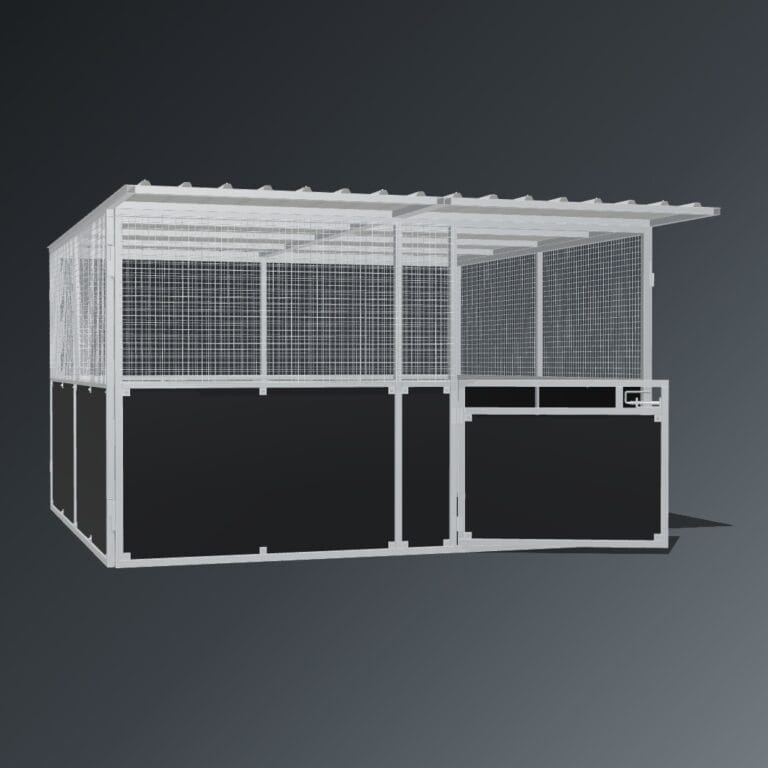 Guerilla Steel Stables standard base stable, 4 × 4 m inside, galvanised 50×50 SHS panels with black ply lower, welded mesh upper, 1500 × 1200 mm swing gate with slam latch, white Trimdek roof with 900 mm front overhang.