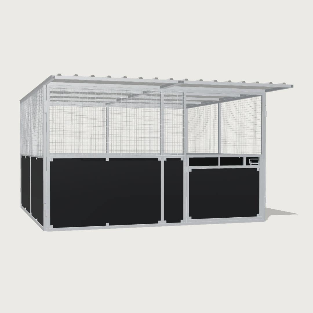 Guerilla Steel Stables standard base stable, 4 × 4 m inside, galvanised 50×50 SHS panels with black ply lower, welded mesh upper, 1500 × 1200 mm swing gate with slam latch, white Trimdek roof with 900 mm front overhang.