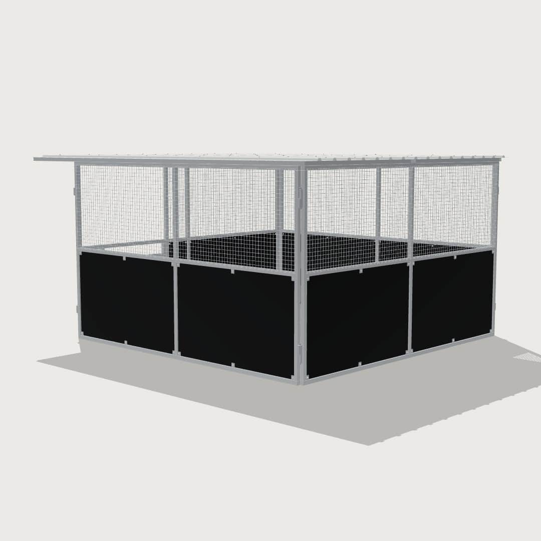 Guerilla Steel Stables standard base stable, 4 × 4 m inside, galvanised 50×50 SHS panels with black ply lower, welded mesh upper, 1500 × 1200 mm swing gate with slam latch, white Trimdek roof with 900 mm front overhang.