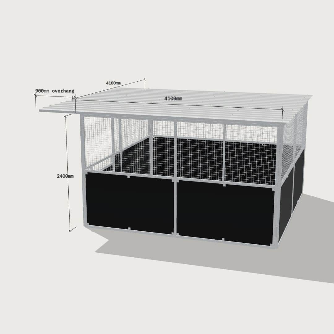 Guerilla Steel Stables standard base stable, 4 × 4 m inside, galvanised 50×50 SHS panels with black ply lower, welded mesh upper, 1500 × 1200 mm swing gate with slam latch, white Trimdek roof with 900 mm front overhang.