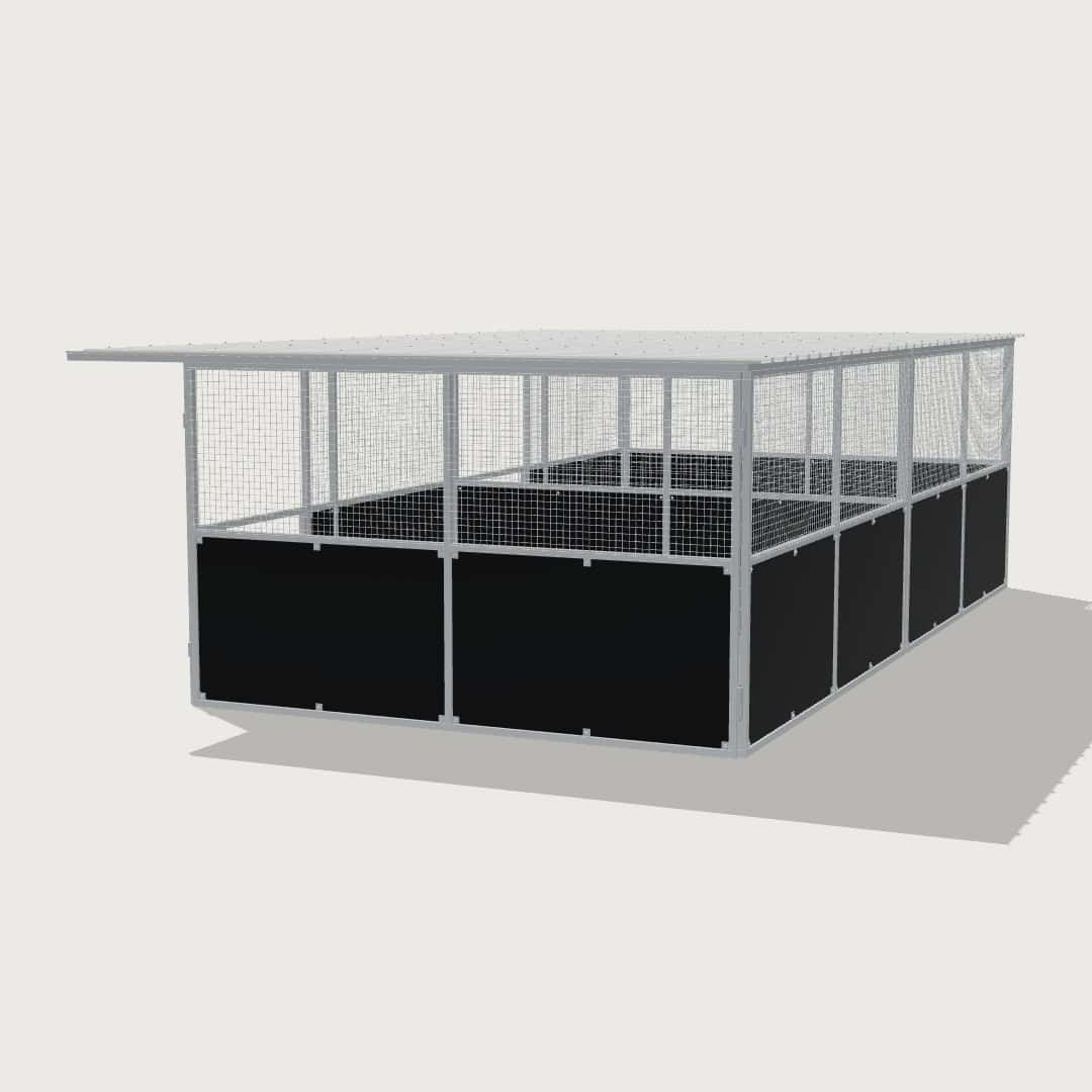 Guerilla Steel Stables standard 2-stall row of stables, each 4 × 4 m inside, galvanised 50×50 SHS panels with black ply lower, welded mesh upper, 1500 × 1200 mm swing gate with slam latch, white Trimdek roof with 900 mm front overhang.