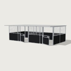 Guerilla Steel Stables standard 2-stall row of stables, each 4 × 4 m inside, galvanised 50×50 SHS panels with black ply lower, welded mesh upper, 1500 × 1200 mm swing gate with slam latch, white Trimdek roof with 900 mm front overhang.