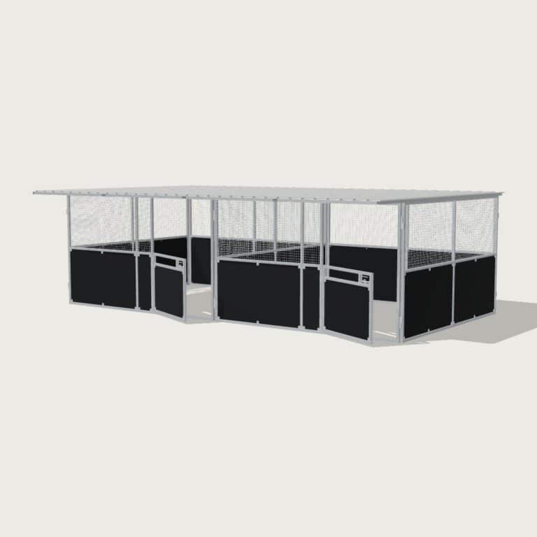 Guerilla Steel Stables standard 2-stall row of stables, each 4 × 4 m inside, galvanised 50×50 SHS panels with black ply lower, welded mesh upper, 1500 × 1200 mm swing gate with slam latch, white Trimdek roof with 900 mm front overhang.