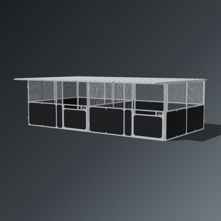 Guerilla Steel Stables standard 2-stall row of stables, each 4 × 4 m inside, galvanised 50×50 SHS panels with black ply lower, welded mesh upper, 1500 × 1200 mm swing gate with slam latch, white Trimdek roof with 900 mm front overhang.
