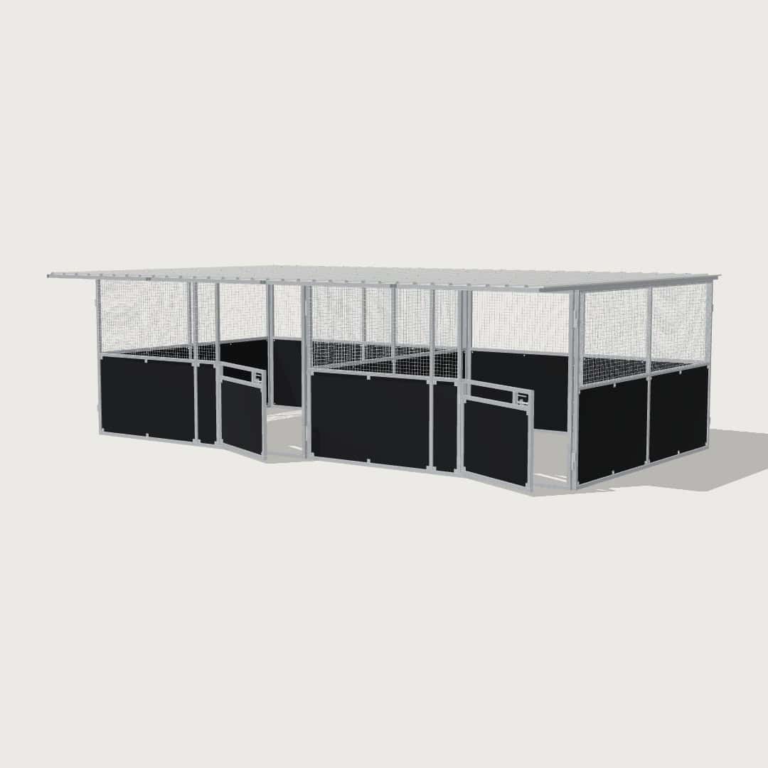 Guerilla Steel Stables standard 2-stall row of stables, each 4 × 4 m inside, galvanised 50×50 SHS panels with black ply lower, welded mesh upper, 1500 × 1200 mm swing gate with slam latch, white Trimdek roof with 900 mm front overhang.
