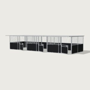 Guerilla Steel Stables standard 3-stall row of stables, each 4 × 4 m inside, galvanised 50×50 SHS panels with black ply lower, welded mesh upper, 1500 × 1200 mm swing gate with slam latch, white Trimdek roof with 900 mm front overhang.