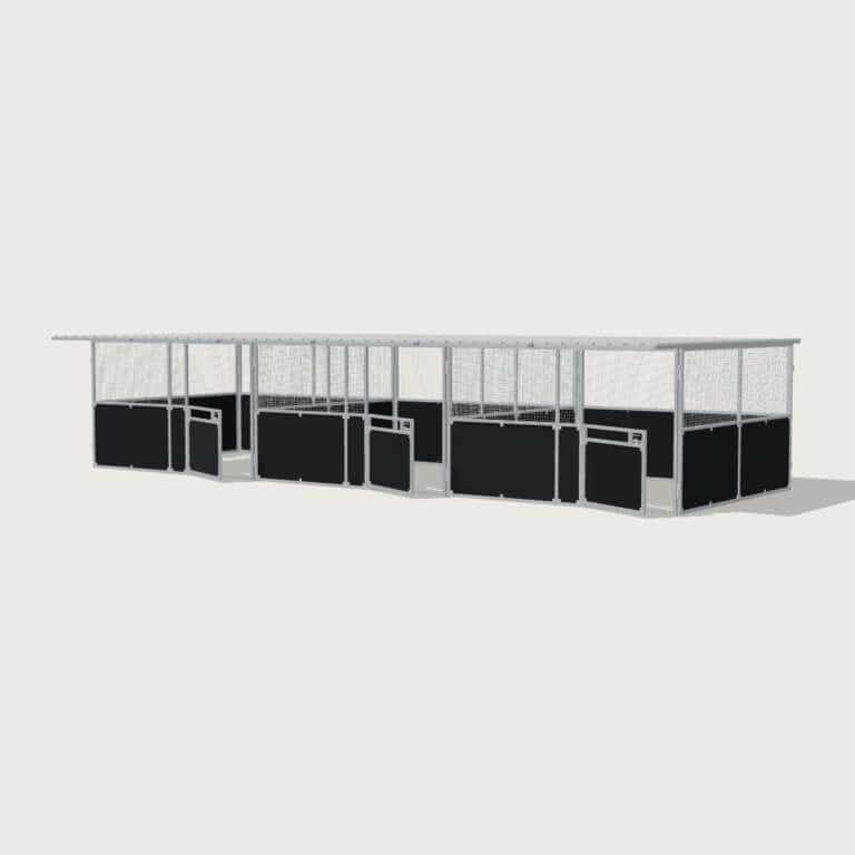 Guerilla Steel Stables standard 3-stall row of stables, each 4 × 4 m inside, galvanised 50×50 SHS panels with black ply lower, welded mesh upper, 1500 × 1200 mm swing gate with slam latch, white Trimdek roof with 900 mm front overhang.