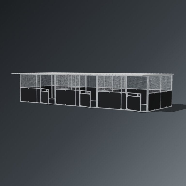 Guerilla Steel Stables standard 3-stall row of stables, each 4 × 4 m inside, galvanised 50×50 SHS panels with black ply lower, welded mesh upper, 1500 × 1200 mm swing gate with slam latch, white Trimdek roof with 900 mm front overhang.