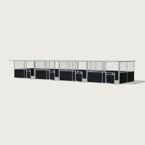 Guerilla Steel Stables standard 4-stall row of stables, each 4 × 4 m inside, galvanised 50×50 SHS panels with black ply lower, welded mesh upper, 1500 × 1200 mm swing gate with slam latch, white Trimdek roof with 900 mm front overhang.