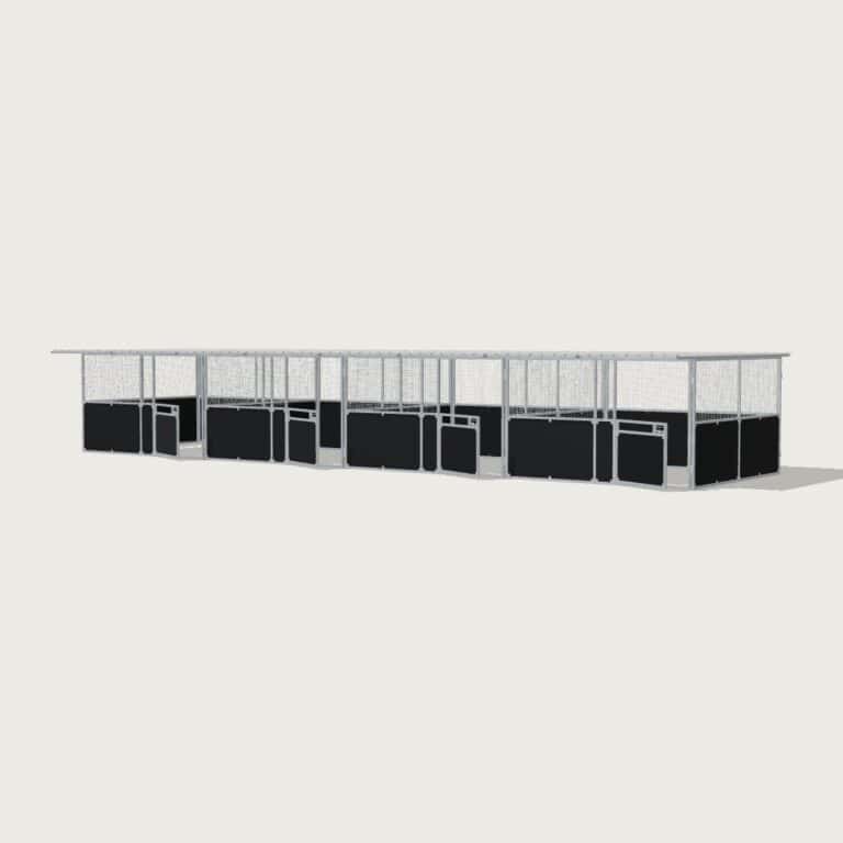 Guerilla Steel Stables standard 4-stall row of stables, each 4 × 4 m inside, galvanised 50×50 SHS panels with black ply lower, welded mesh upper, 1500 × 1200 mm swing gate with slam latch, white Trimdek roof with 900 mm front overhang.