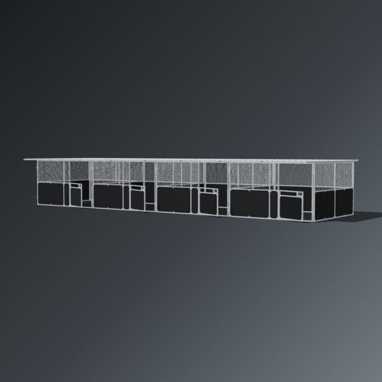 Guerilla Steel Stables standard 4-stall row of stables, each 4 × 4 m inside, galvanised 50×50 SHS panels with black ply lower, welded mesh upper, 1500 × 1200 mm swing gate with slam latch, white Trimdek roof with 900 mm front overhang.
