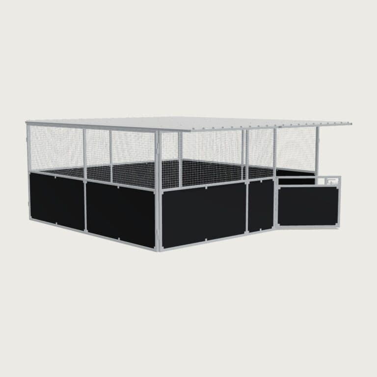 Guerilla Steel Stables extra large base stable, 5 × 5 m inside, galvanised 50×50 SHS panels with black ply lower, welded mesh upper, 1500 × 1200 mm swing gate with slam latch, white Trimdek roof with 900 mm front overhang.