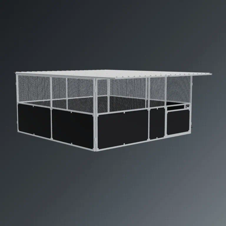Guerilla Steel Stables extra large base stable, 5 × 5 m inside, galvanised 50×50 SHS panels with black ply lower, welded mesh upper, 1500 × 1200 mm swing gate with slam latch, white Trimdek roof with 900 mm front overhang.