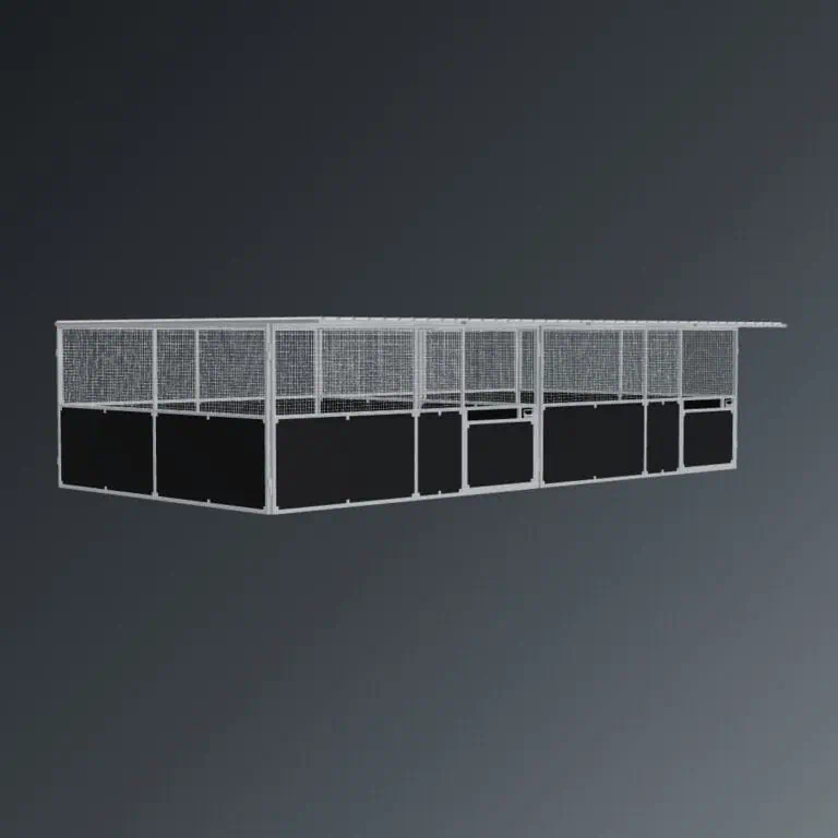 Guerilla Steel Stables extra large 2-stall row of stables, each 5 × 5 m inside, galvanised 50×50 SHS panels with black ply lower, welded mesh upper, 1500 × 1200 mm swing gate with slam latch, white Trimdek roof with 900 mm front overhang.