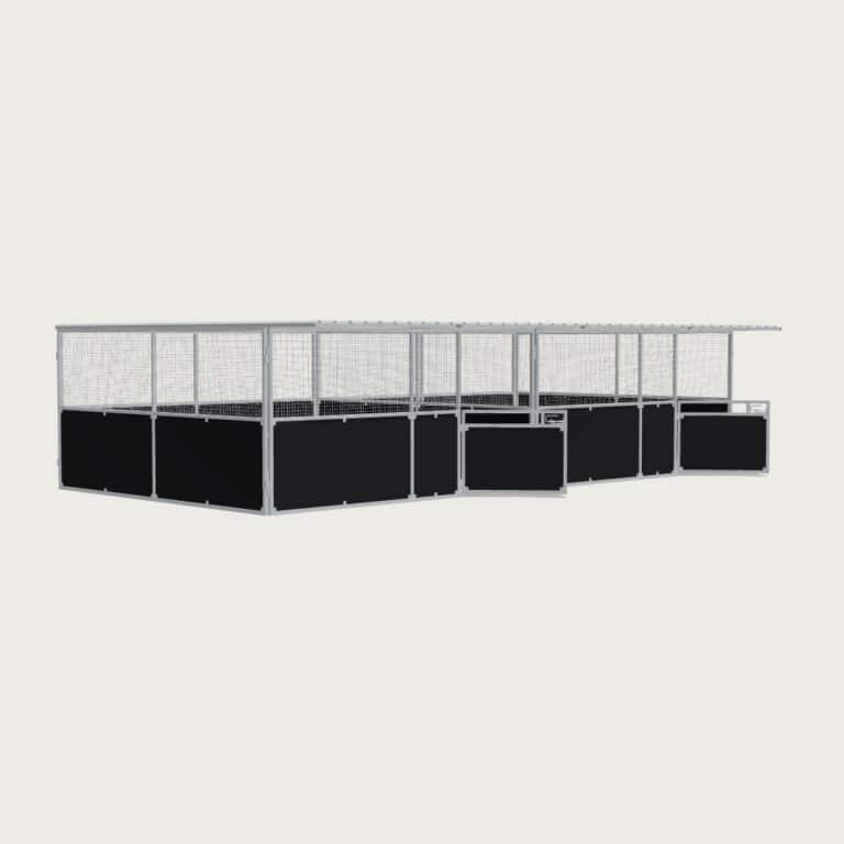 Guerilla Steel Stables extra large 2-stall row of stables, each 5 × 5 m inside, galvanised 50×50 SHS panels with black ply lower, welded mesh upper, 1500 × 1200 mm swing gate with slam latch, white Trimdek roof with 900 mm front overhang.