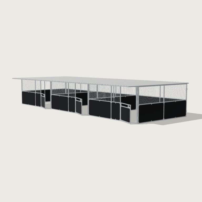 Guerilla Steel Stables extra large 3-stall row of stables, each 5 × 5 m inside, galvanised 50×50 SHS panels with black ply lower, welded mesh upper, 1500 × 1200 mm swing gate with slam latch, white Trimdek roof with 900 mm front overhang.