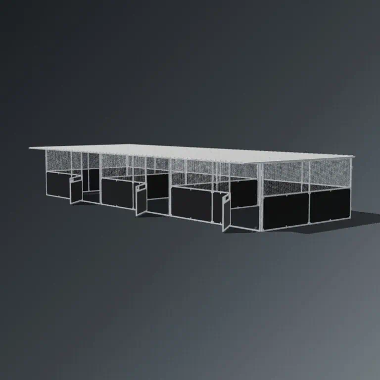 Guerilla Steel Stables extra large 3-stall row of stables, each 5 × 5 m inside, galvanised 50×50 SHS panels with black ply lower, welded mesh upper, 1500 × 1200 mm swing gate with slam latch, white Trimdek roof with 900 mm front overhang.