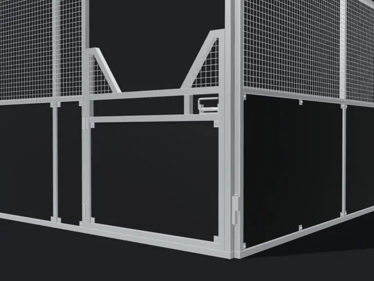 Guerilla Steel Stables standard base stable, 4 × 4 m inside, galvanised 50×50 SHS panels, ply lower, mesh upper, stable front with swing gate (anti-rearing yoke gate) (1500 × 1200 mm gate with slam latch).
