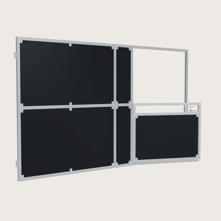Guerilla Steel Stables front panel, 4000 × 2400 mm, galvanised 50×50 SHS frame, full ply infill, 1500 × 1200 mm swing gate with slam latch.