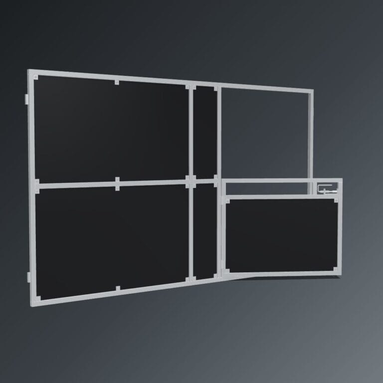 Guerilla Steel Stables front panel, 4000 × 2400 mm, galvanised 50×50 SHS frame, full ply infill, 1500 × 1200 mm swing gate with slam latch.