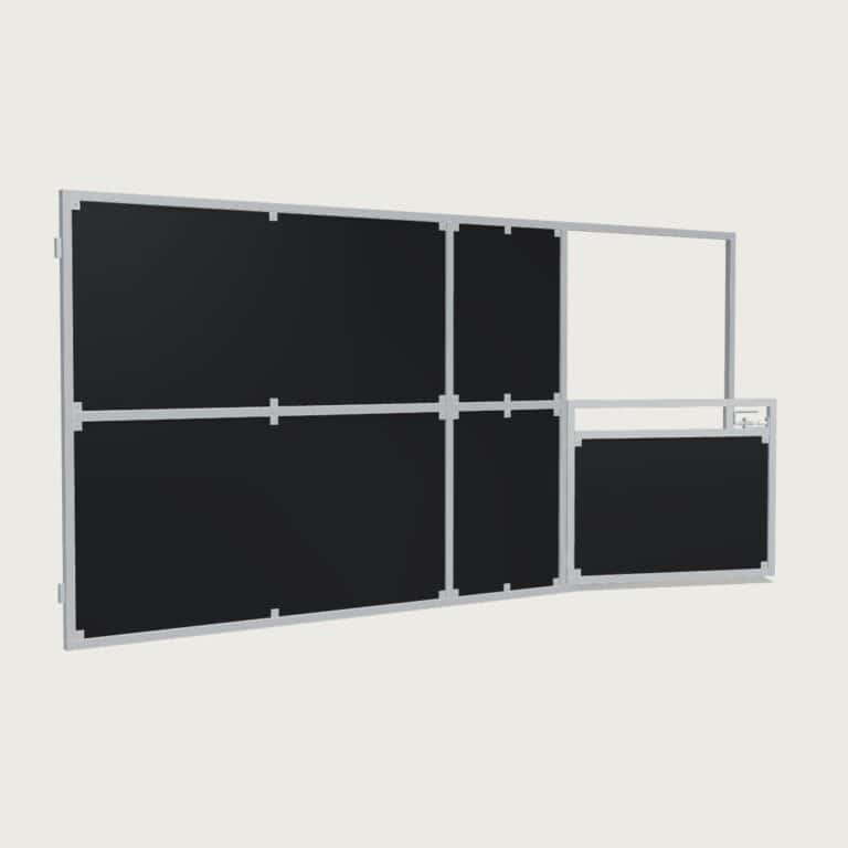 Guerilla Steel Stables front panel, 5000 × 2400 mm, galvanised 50×50 SHS frame, full ply infill, 1500 × 1200 mm swing gate with slam latch.