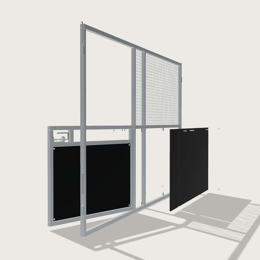 Guerilla Steel Stables front panel, 4000 × 2400 mm, galvanised 50×50 SHS frame, black ply lower, welded mesh upper, 1500 × 1200 mm swing gate with slam latch.