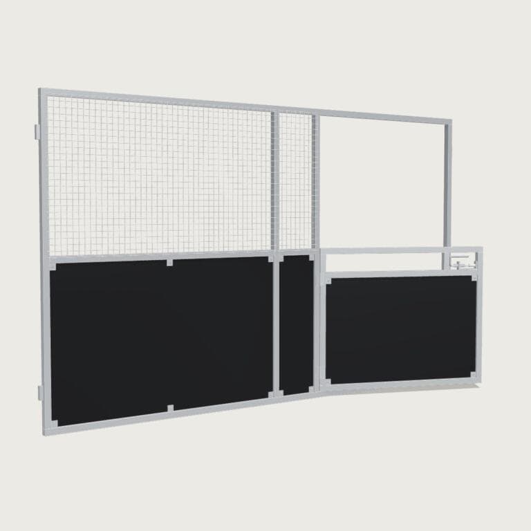 Guerilla Steel Stables front panel, 4000 × 2400 mm, galvanised 50×50 SHS frame, black ply lower, welded mesh upper, 1500 × 1200 mm swing gate with slam latch.