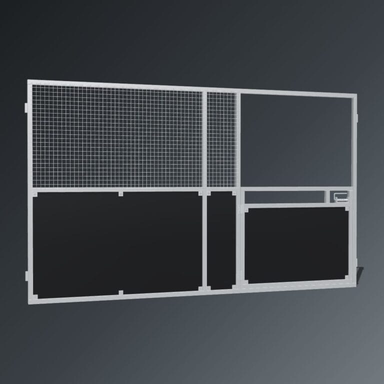 Guerilla Steel Stables front panel, 4000 × 2400 mm, galvanised 50×50 SHS frame, black ply lower, welded mesh upper, 1500 × 1200 mm swing gate with slam latch.