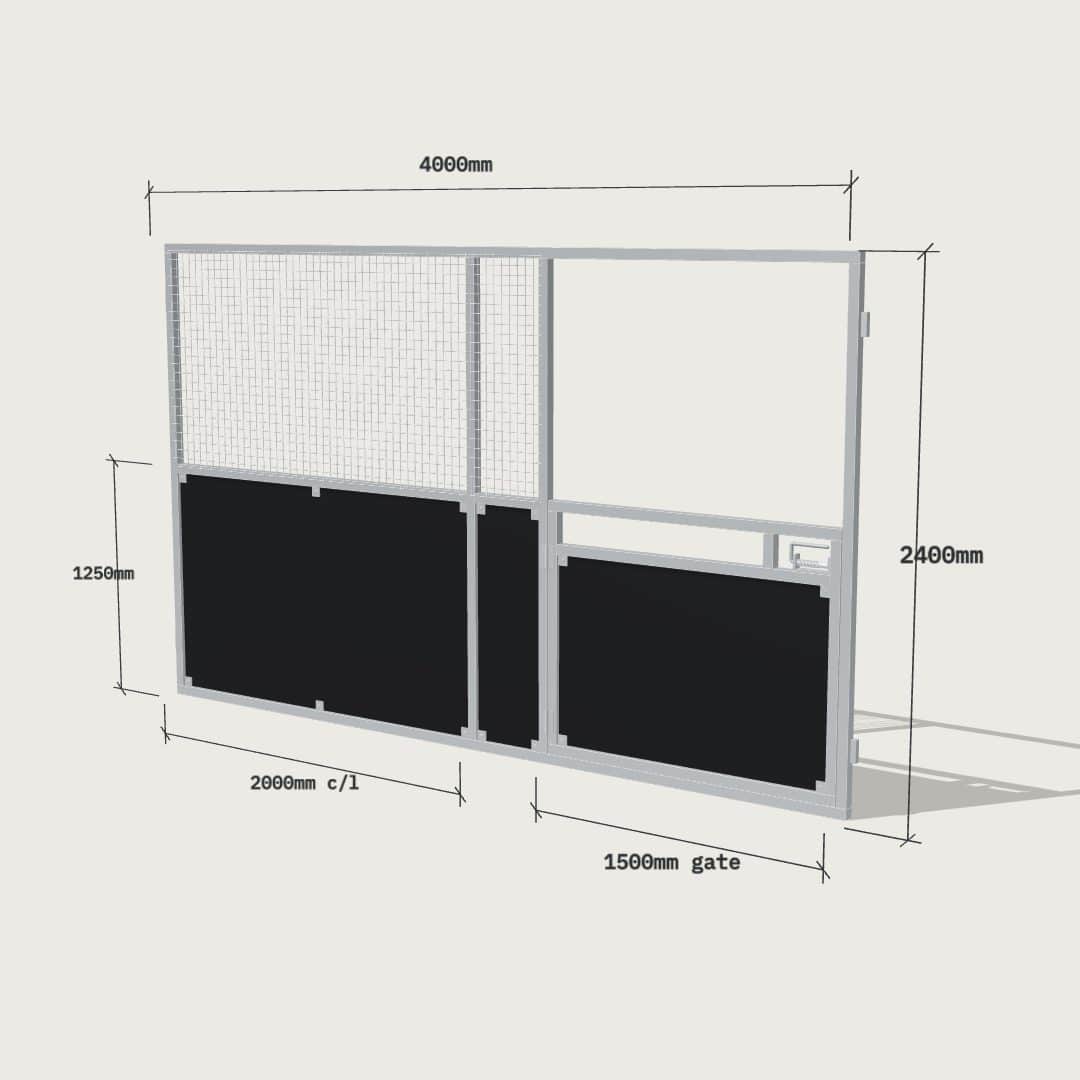Guerilla Steel Stables front panel, 4000 × 2400 mm, galvanised 50×50 SHS frame, black ply lower, welded mesh upper, 1500 × 1200 mm swing gate with slam latch.