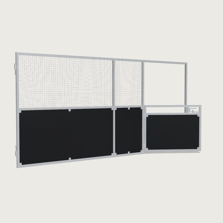 Guerilla Steel Stables front panel, 5000 × 2400 mm, galvanised 50×50 SHS frame, black ply lower, welded mesh upper, 1500 × 1200 mm swing gate with slam latch.
