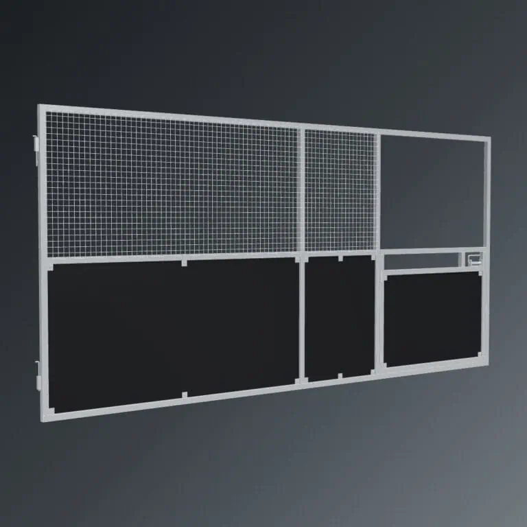 Guerilla Steel Stables front panel, 5000 × 2400 mm, galvanised 50×50 SHS frame, black ply lower, welded mesh upper, 1500 × 1200 mm swing gate with slam latch.